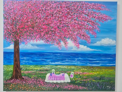 최미정작가-30호 바다가 보이는 꽃나무 그늘에서 