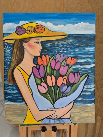 끌로에 최 작가, 튤립꽃다발을 안고 있는 여인 