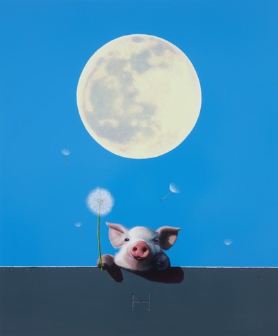 송형노-Olivia over the wall (full moon,cerulean blue sky,dark gray wall)
